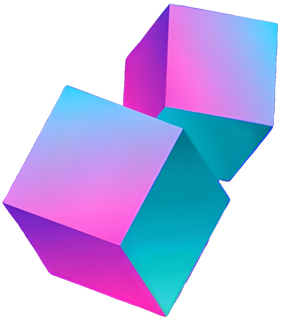 Two duo-color cubes, one in front of the other, with blue and pink colors changing in gradient